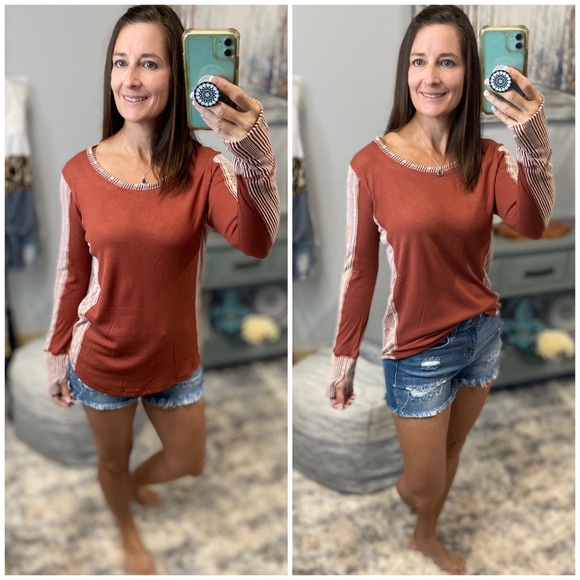 Tops - ❤️‍🔥Thumbhole Ribbed Contrast Soft Long Sleeve Top Rust 3621